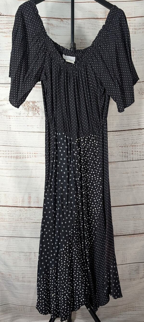 Vintage Bellagio Maxi Dress Medium Black White Polka Dot Made in USA Whimsigoth